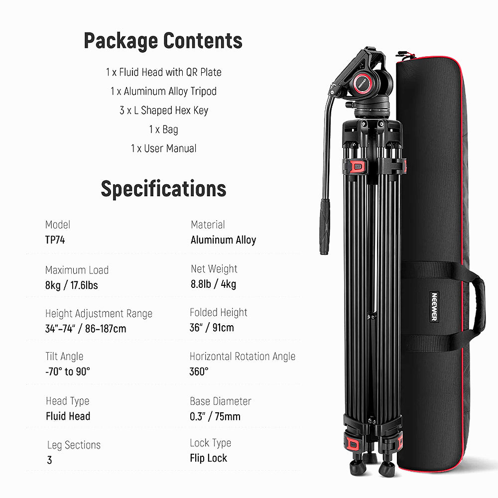 Neewer TP74 Video Aluminum Tripod with Fluid Head