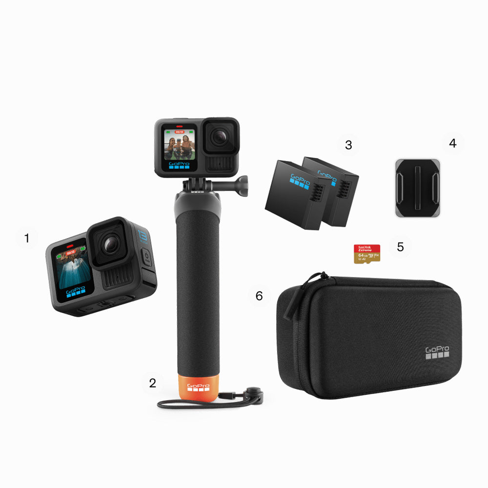 GoPro HERO13 Black Accessory Bundle - Includes The Handler (Floating Hand Grip), 2 Enduro Batteries, 2 Curved Adhesive Mounts, 64GV SanDisk MicroSD Card, Carrying Case