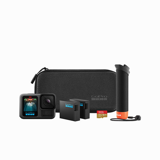 GoPro HERO13 Black Accessory Bundle - Includes The Handler (Floating Hand Grip), 2 Enduro Batteries, 2 Curved Adhesive Mounts, 64GV SanDisk MicroSD Card, Carrying Case