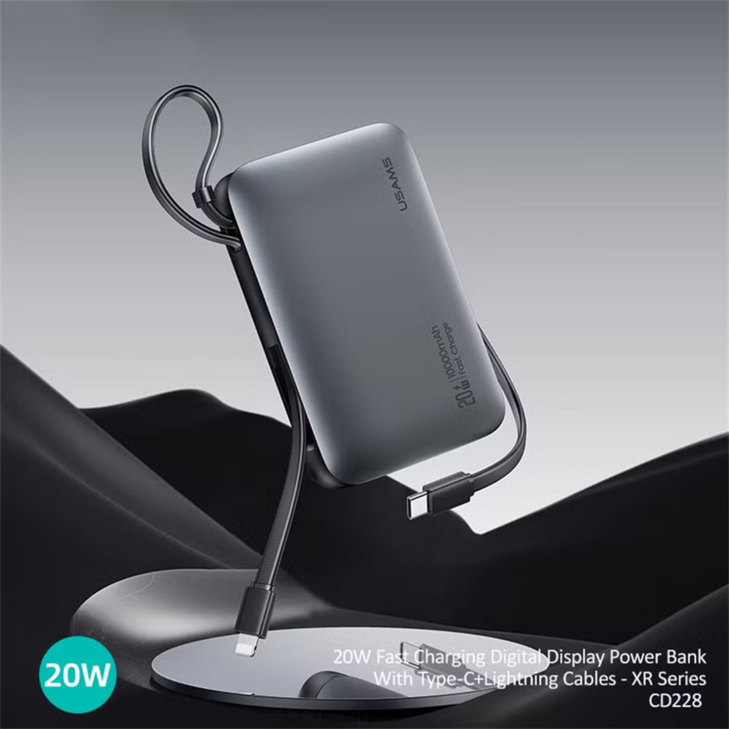 USAMS Power Bank CD228 20W Digital Display With Type-C+Lightning Cables Tarnish - XR Series 10000mAh
