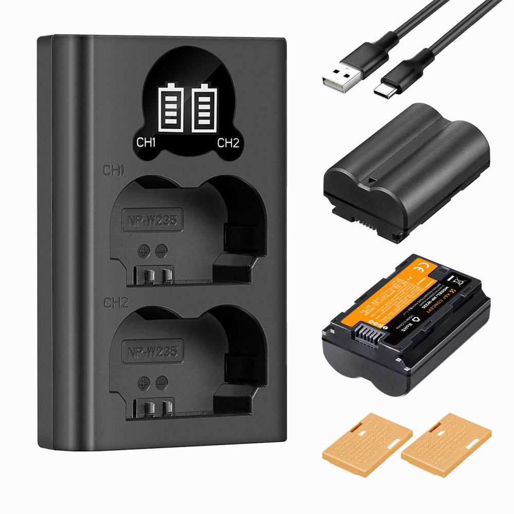 K&F Concept 2200mAh NP-W235 Battery and Charger for Fujifilm X-T5, X-S20, X-H2, X-H2S, GFX 100S, GFX 50S II, X-T4, 2 Pack Battery-KF28.0018