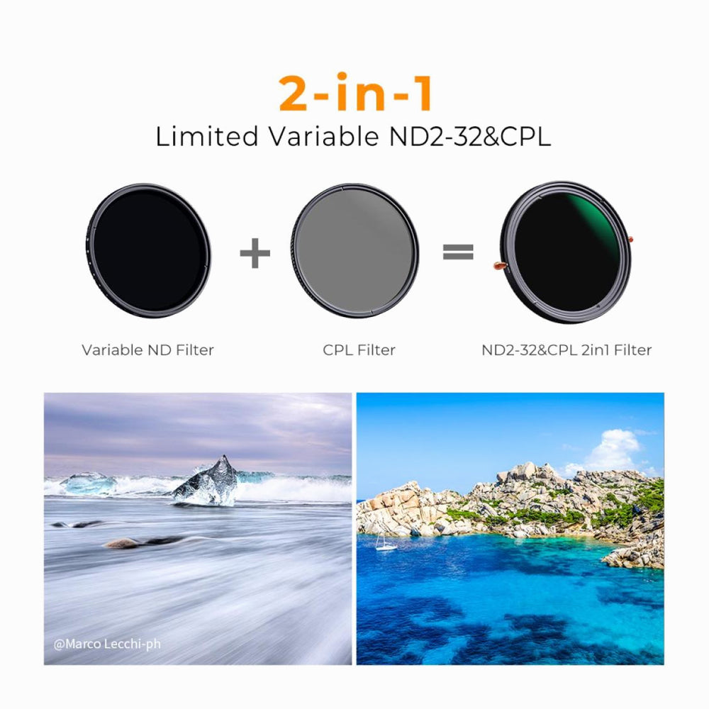 K&F Concept 49mm ND2-32 (1-5 Stop) Variable ND Filter and CPL Circular Polarizing Filter 2 in 1 for Camera Lens No X Spot Weather Sealed Nano-Xcel (KF01.1319V1)