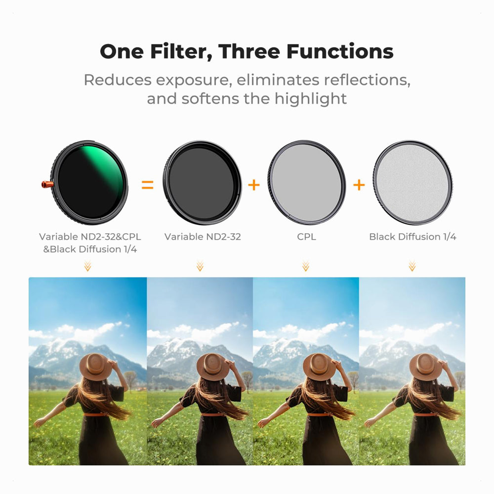 K&F Concept 77mm Variable ND2-32 (1-5 Stops) & Circular Polarizing Filter CPL & Black Mist 1/4 3 in 1 HD Lens Filter with 28 Multi-Coated for Camera Lenses Nano-Xcel Series (KF01.2927V2)