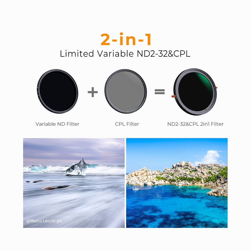 K&F Concept 95mm ND2-32 (1-5 Stop) Variable ND Filter and CPL Circular Polarizing Filter 2 in 1 for Camera Lens Nano-Xcel Series (KF01.2325V1)