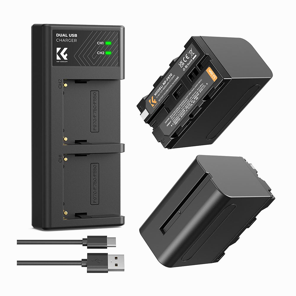 K&F Concept 2 Pack NP-F970 Battery with LED Charger, Compatible with Sony NP-F550 F570 F750 F770 F930 F950 F960 F970, High-Power LED Lights, Monitors, Camera Sliders (KF28.0047)
