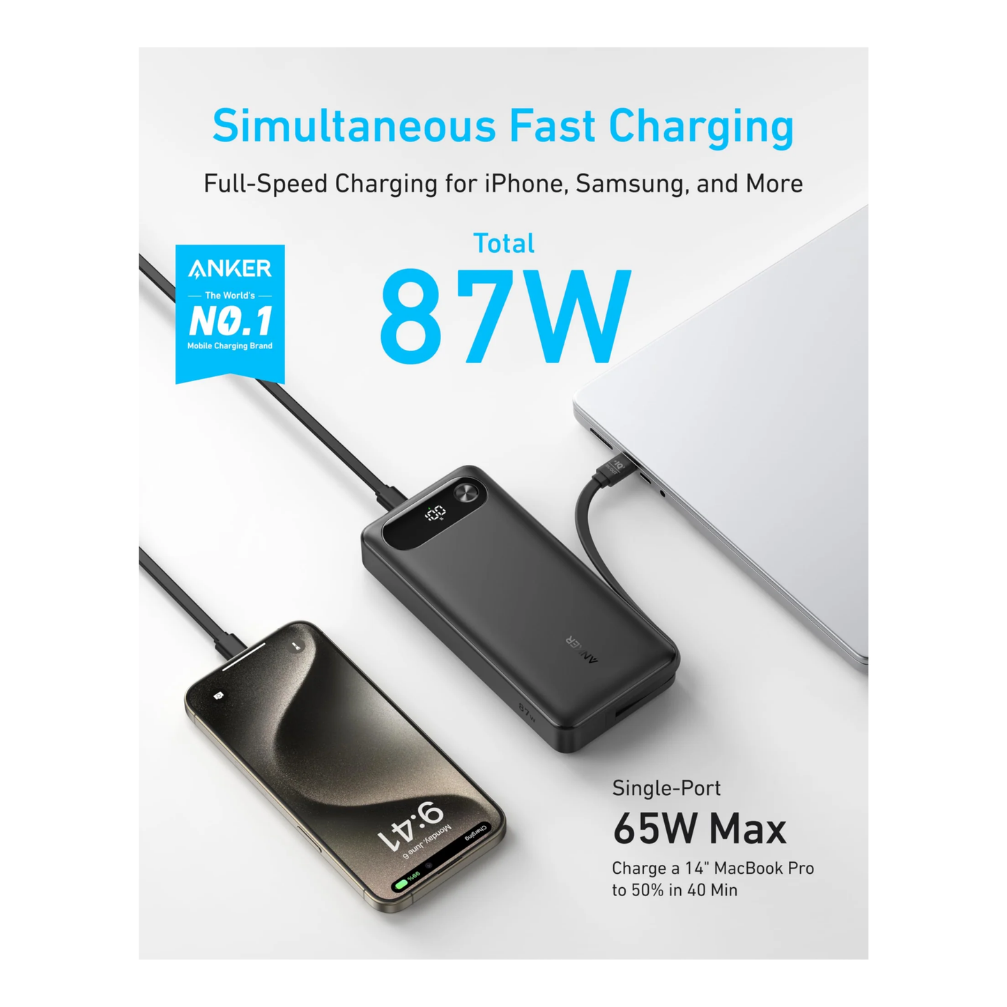 Anker 20000mAh Power Bank 87W Max Output with 65W Fast Charging USB-C and USB-A Ports Built-In Durable USB-C Cable - A1383H11 - Black