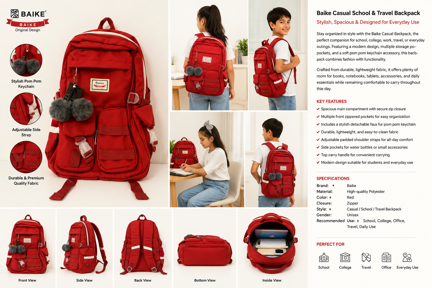 A collage showing a red BAIKE casual school and travel backpack from multiple angles, including front, side, back, bottom, inside, and lifestyle views with children wearing and using it. The image includes feature highlights, specifications, and icons for use in schools, travel, office, and everyday use.