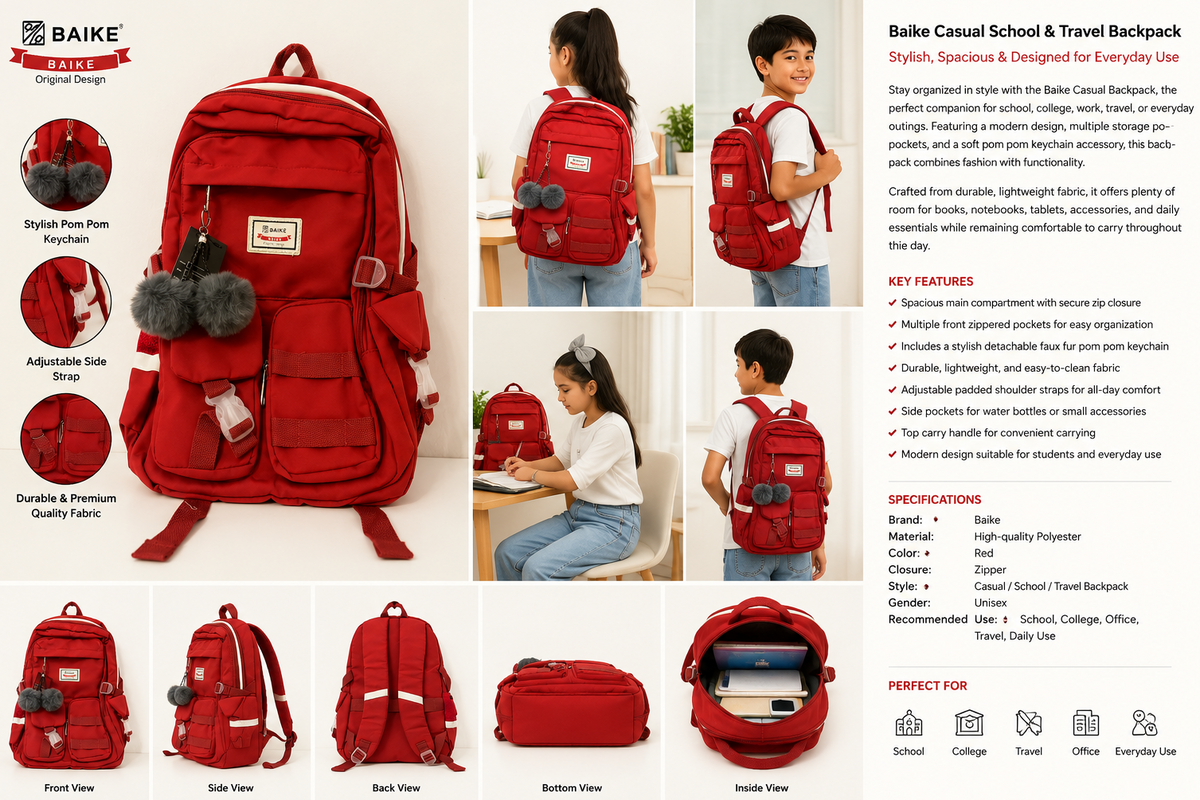 A collage showing a red BAIKE casual school and travel backpack from multiple angles, including front, side, back, bottom, inside, and lifestyle views with children wearing and using it. The image includes feature highlights, specifications, and icons for use in schools, travel, office, and everyday use.