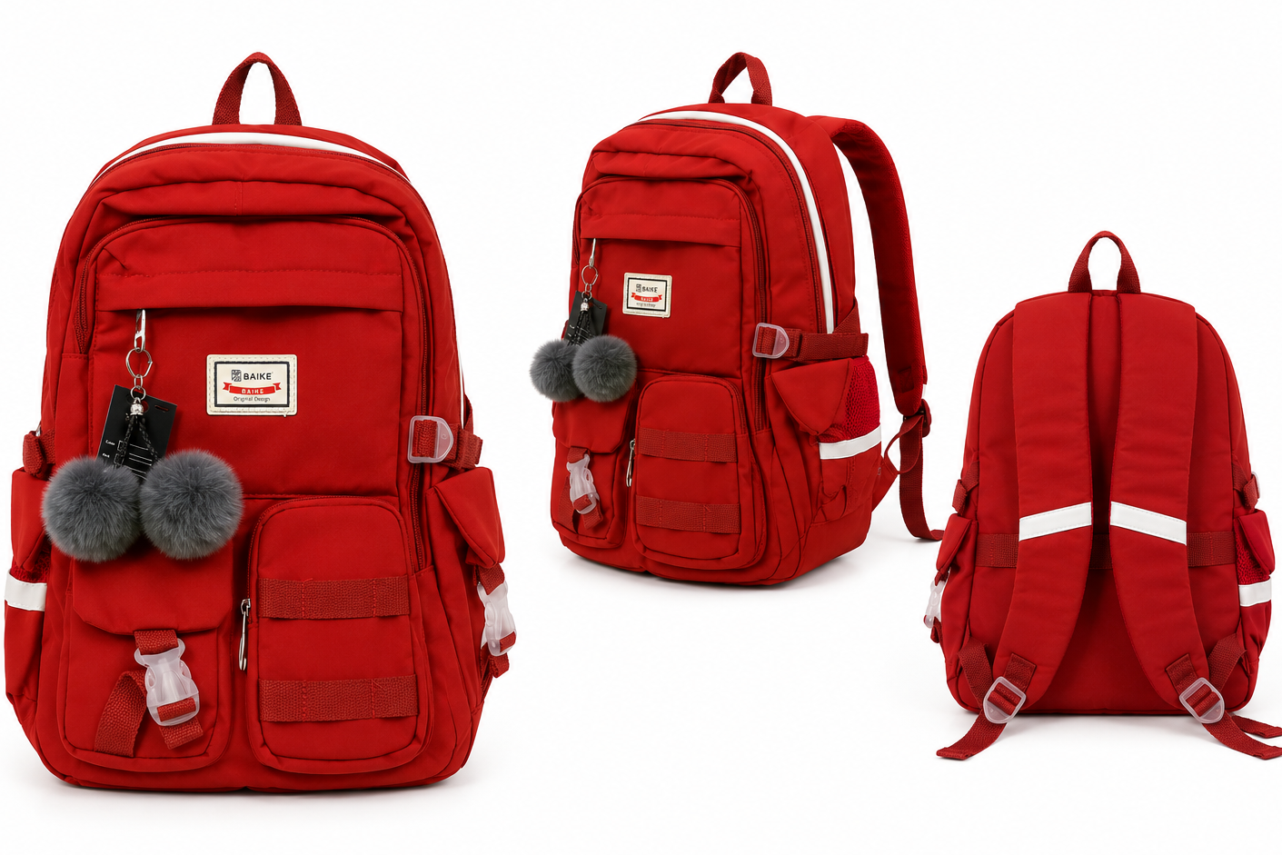 A red canvas backpack shown from three angles (front, three-quarter side, and back) on a solid white background. The backpack features multiple zippered compartments, white reflective-style stripes, gray pom-pom charms, and a small rectangular brand patch.