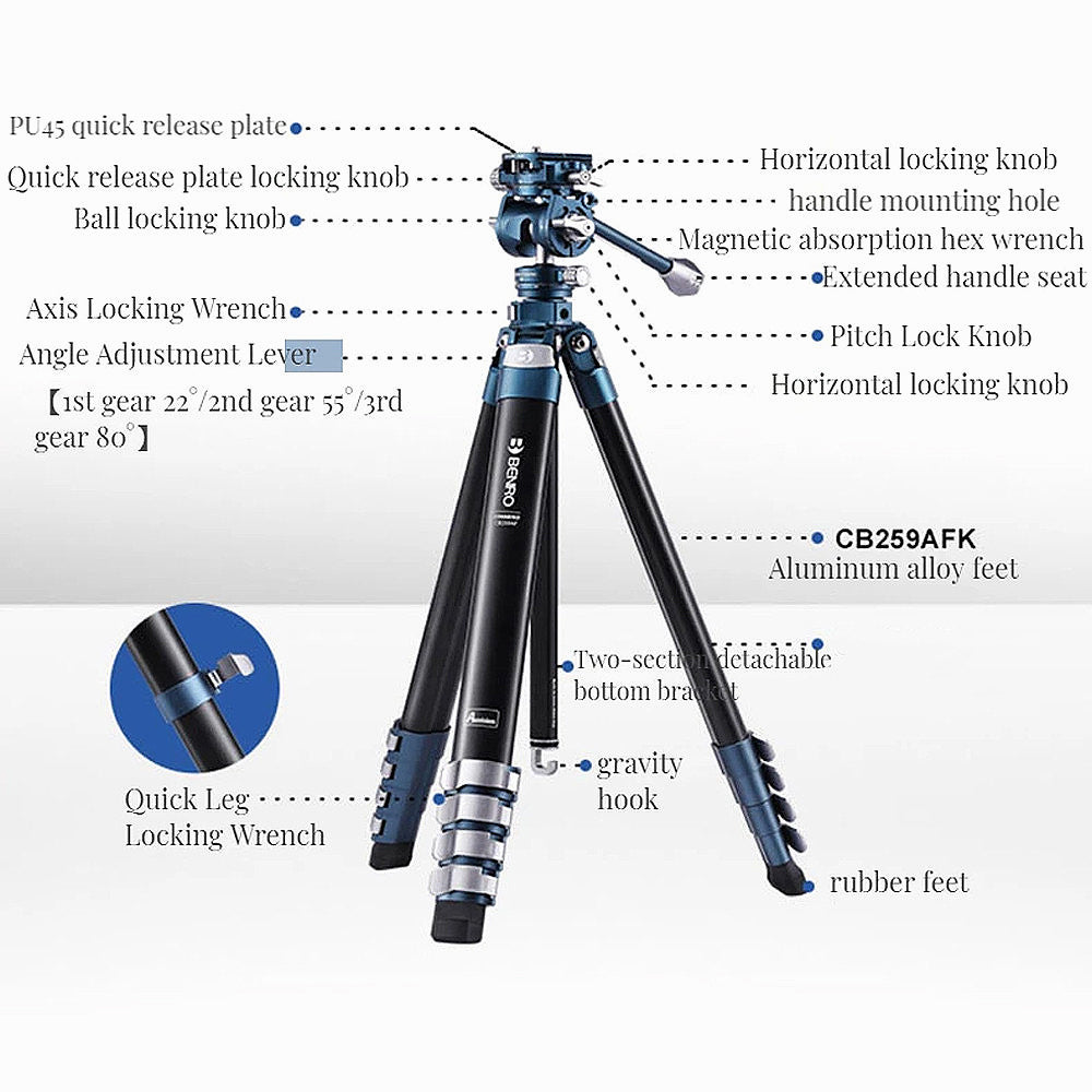 Benro CB259AFK TCBA15FS20PROC CyanBird Compact Alum Travel Angel Flip Lock Tripod with FS20PRO Fluid Head