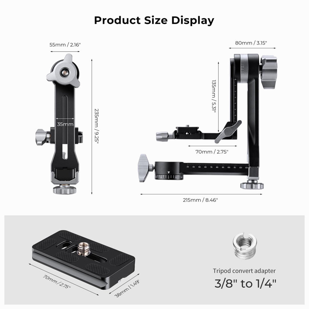 K&F Concept Tripod Gimbal Head CNC Aluminium Alloy Heavy Duty 360° Panoramic Head with 1/4-inch Arca - Type Quick Release Plate, Load Capacity up to 20kg/44lbs for DSLR Cameras (KF31.052)