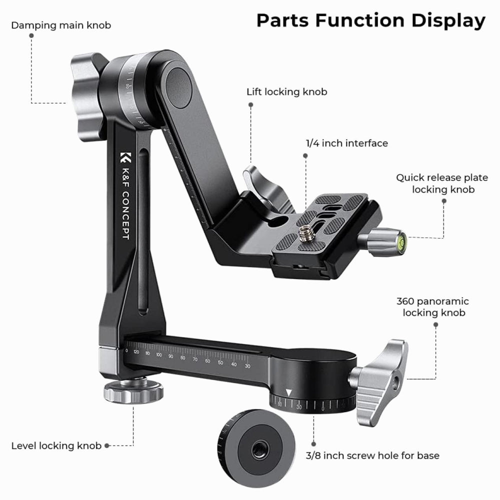 K&F Concept Tripod Gimbal Head CNC Aluminium Alloy Heavy Duty 360° Panoramic Head with 1/4-inch Arca - Type Quick Release Plate, Load Capacity up to 20kg/44lbs for DSLR Cameras (KF31.052)
