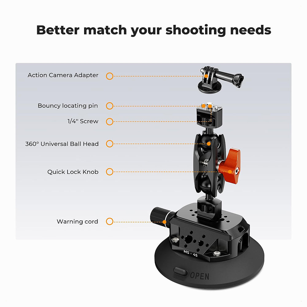 K&F Concept 4.5" Suction Cup Camera Mount with Double Ball Head Magic Arm, Mobile Phone Clamp, Gopro Adapter Accessories, 3/8" to 1/4" Adapter Screw, MS45-KF31.100
