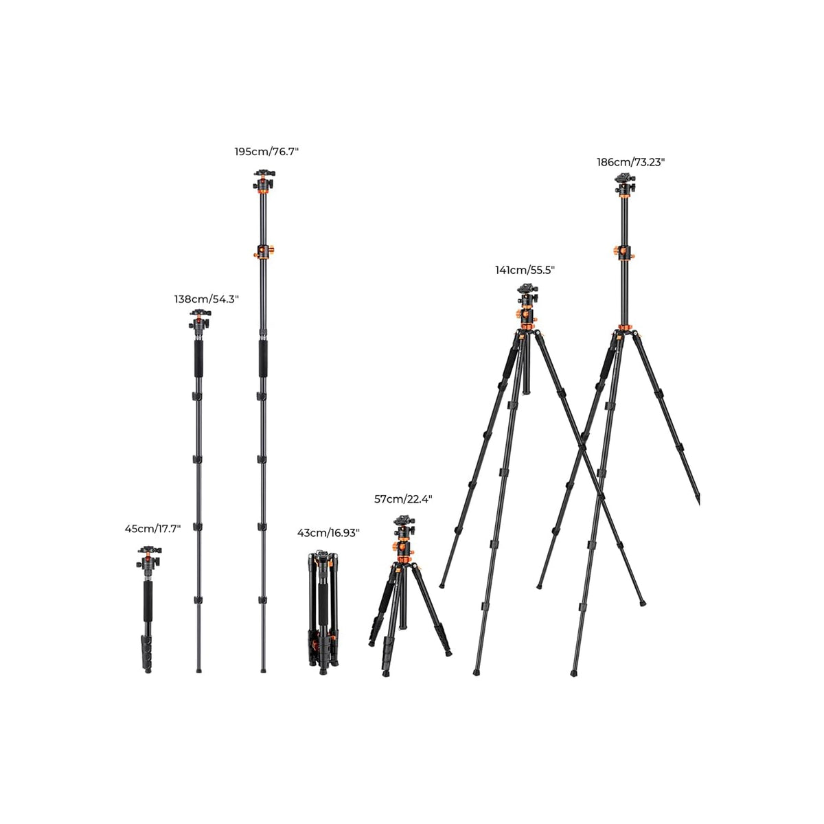 K&F Concept 186cm Aluminum Camera Tripod with 90° Center Column & Monopod – T255A3 (S211)
