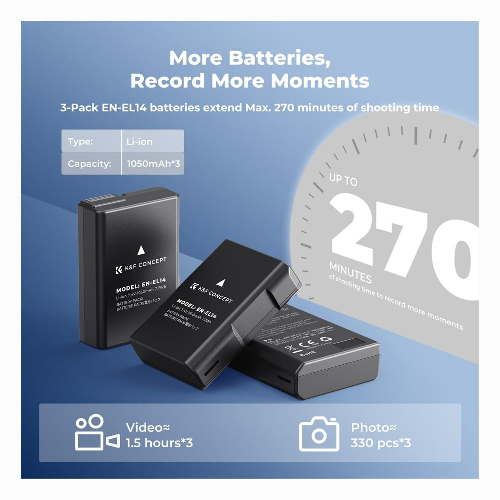 K&F Concept 3-Pack EN-EL14 Battery LCD Charger Compatible with Nikon D5300 D5600 D5100 D5200 D5500 D3100 D3200 D3300 D3400 D3500 Coolpix P7000 P7100 P7200 P7700 P7800 Cameras SKU: KF28.0100