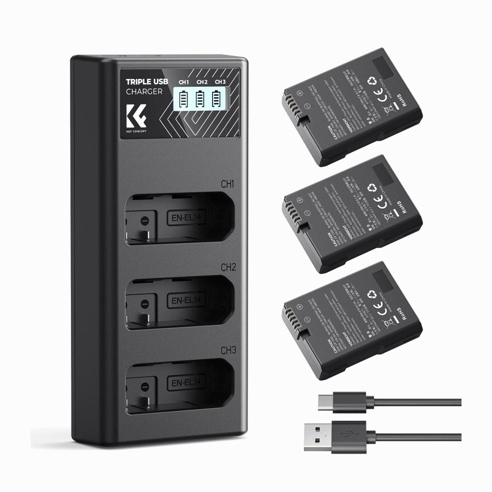 K&F Concept 3-Pack EN-EL14 Battery LCD Charger Compatible with Nikon D5300 D5600 D5100 D5200 D5500 D3100 D3200 D3300 D3400 D3500 Coolpix P7000 P7100 P7200 P7700 P7800 Cameras SKU: KF28.0100