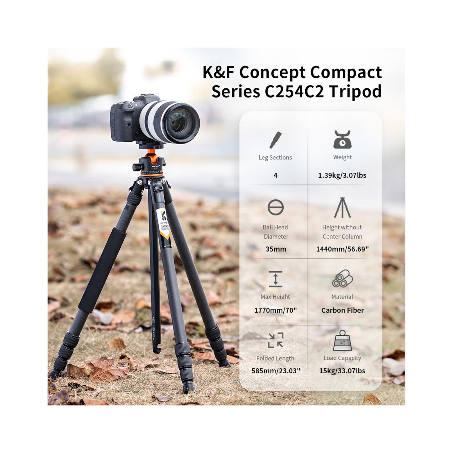 K&F Concept 70″ Carbon Fiber Travel Tripod with BH-36L Ball Head-KF09.098V1