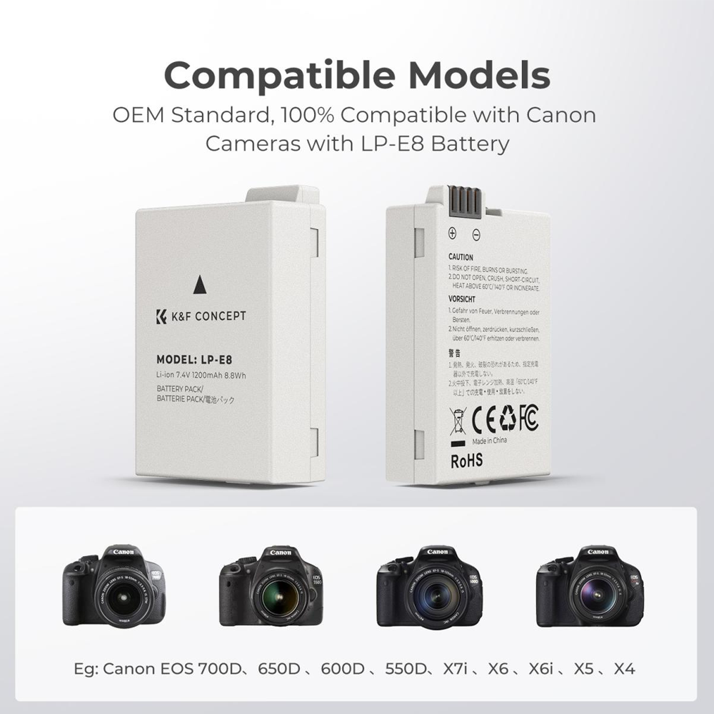 K&F Concept Canon LP-E8 Battery and Charger Set with Dual Slot Charger for Canon EOS 700D 650D 550D X7i X6i X5(KF28.0027)