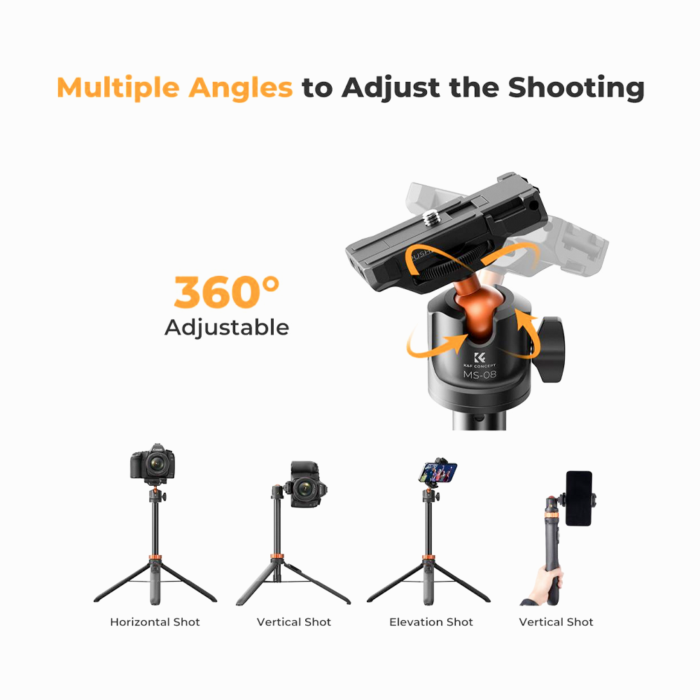 K&F Concept KF09.127V1Tripod Phone Selfie Stick, Black And Orange With Bluetooth Remote Control + Gopro Adapter MS08