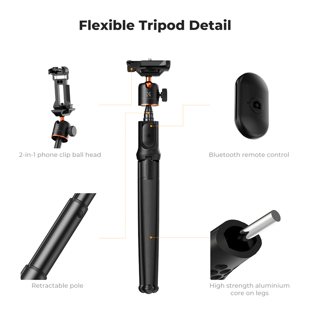 K&F Concept KF09.152 Phone Tripod, Extendable Flexible Tripod with Remote 24in Small Tripod MS29
