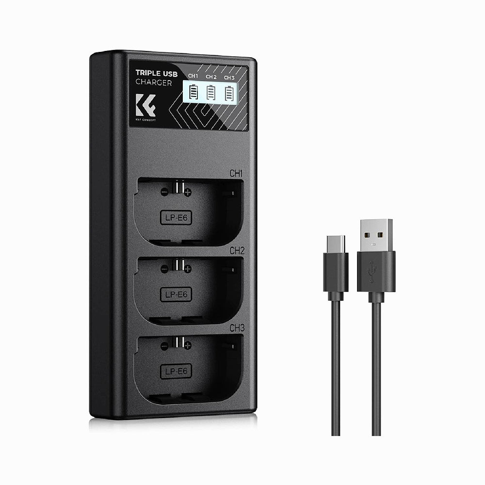 K&F Concept LP-E6NH 3-Slot Charger, LP-E6 LP-E6N Battery Charger with LCD Display for Canon EOS R5 R6 R7 5D 6D 7D Mark II Cameras SKU: KF28.0062