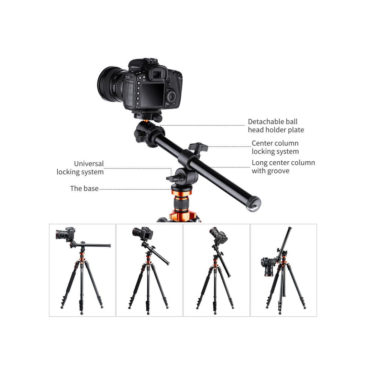 K&F CONCEPT K234A7 Aluminum Tripod + BH-28L Ball Head + S210 Cross Column (KF09.087V6)