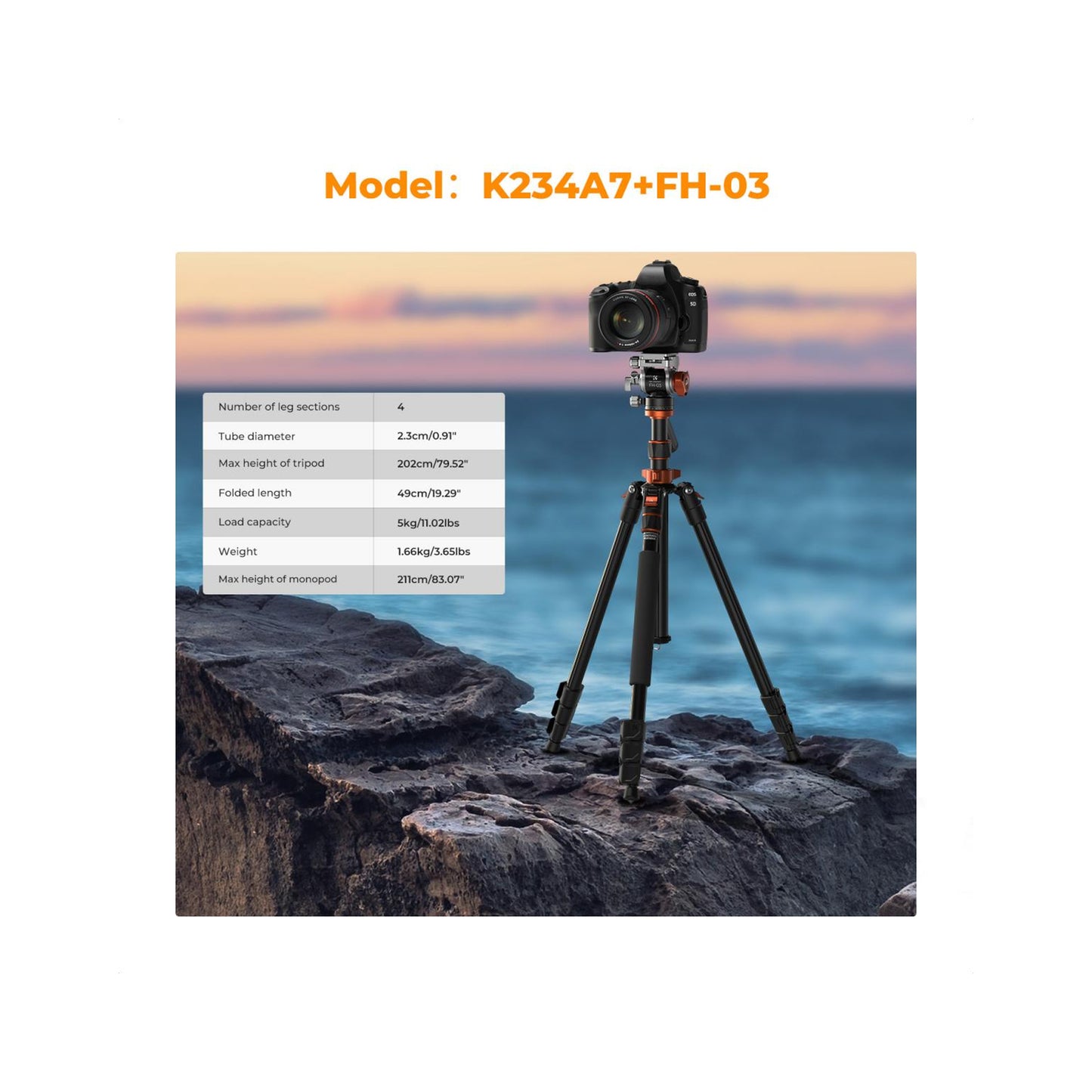 K&F Concept KF09.136 K234A7+FH-03 Professional Video Tripod with Fluid Head