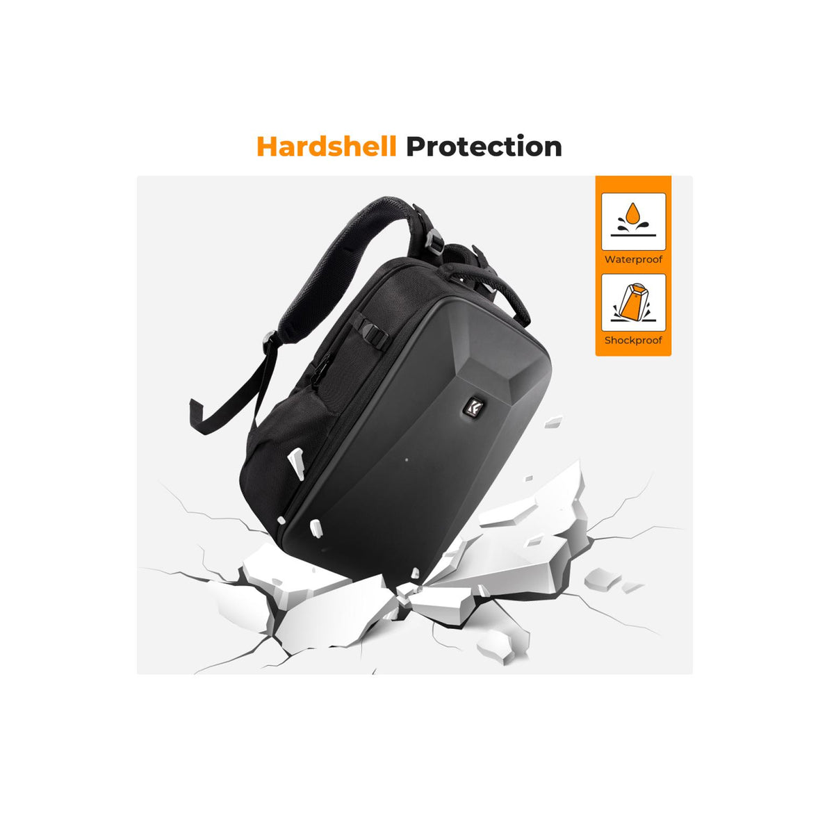 A black backpack shown at an angle with a cracked white floor graphic beneath it, under the text 'Hardshell Protection' and next to orange icons labeled waterproof and impactproof.
