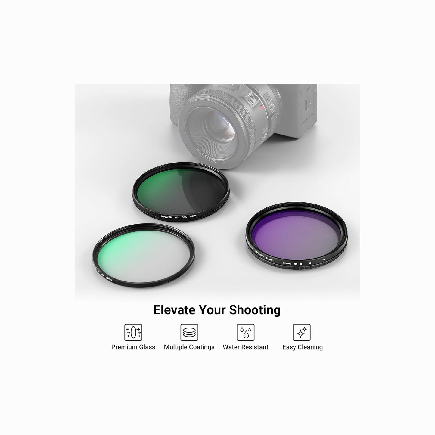 NEEWER 82mm Variable ND2-400, CPL & UV Lens Filter Kit – 3 Pack