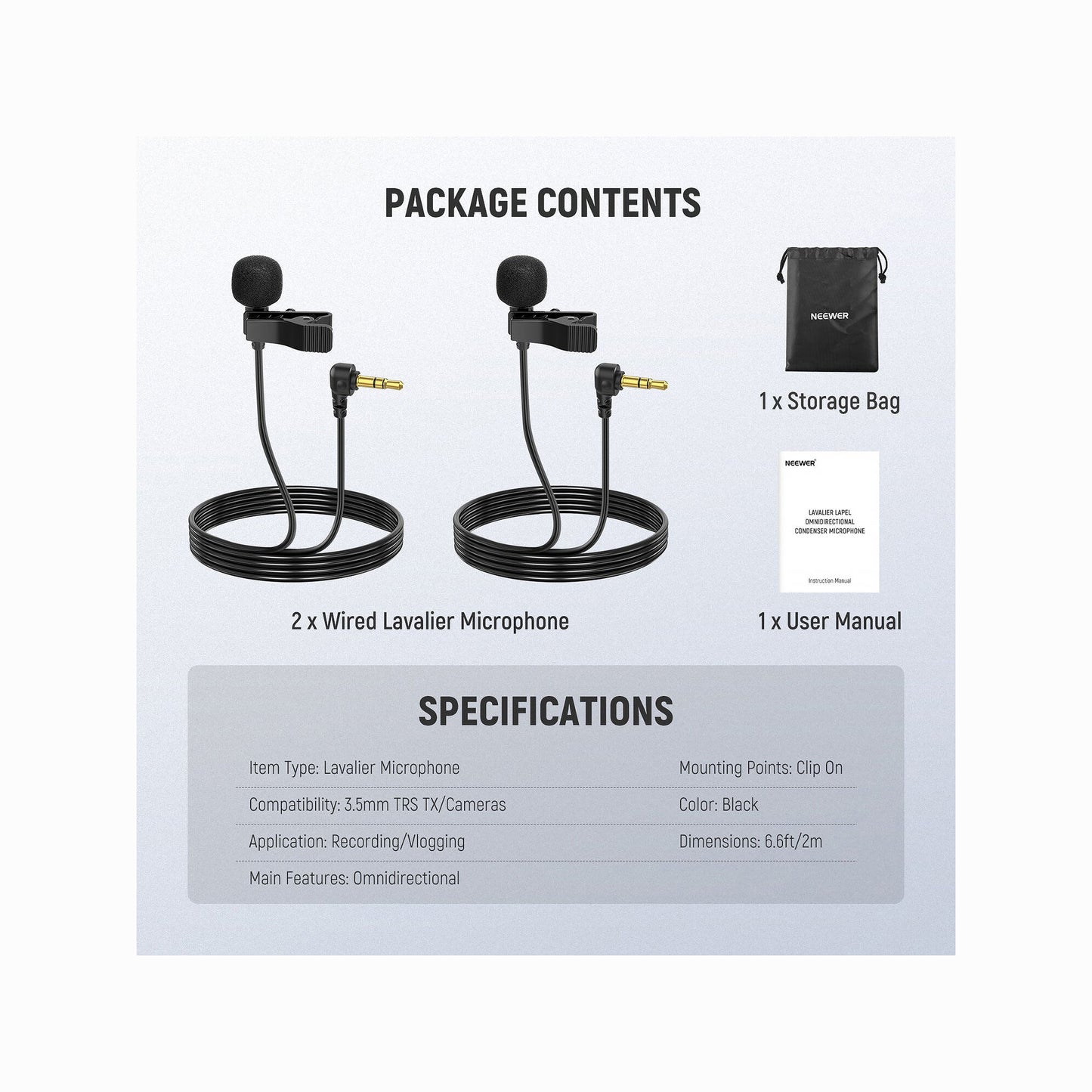 Neewer LM5 3.5mm TRS Mini Clip-On Wired Lavalier Microphone (2-Pack)