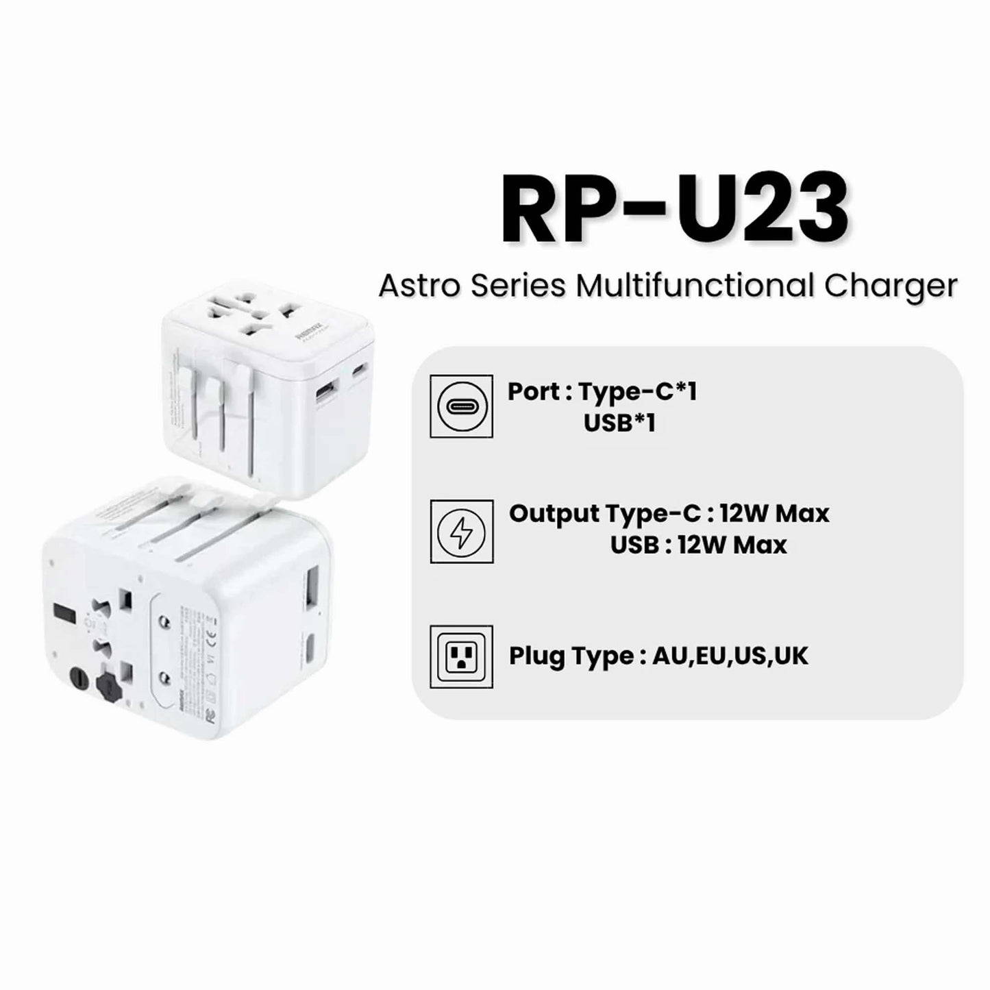 REMAX RP-U23 ASTRO SERIES 2.4A Universal Travel Charger Adaptor 12W