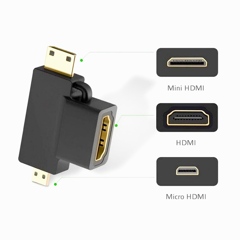 T SHAPE 3 IN 1 HDMI FEMALE TO MINI & MICRO HDMI MALE 90 DEGREE MULTI ADAPTER
