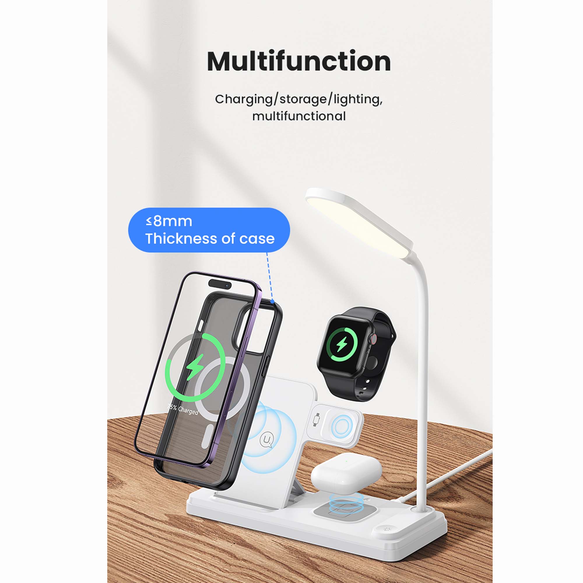 USAMS 15W 4-IN-1 WIRELESS CHARGING HOLDER PHONE EARPHONE WATCH CHARGER WITH TABLE LAMP USCD195
