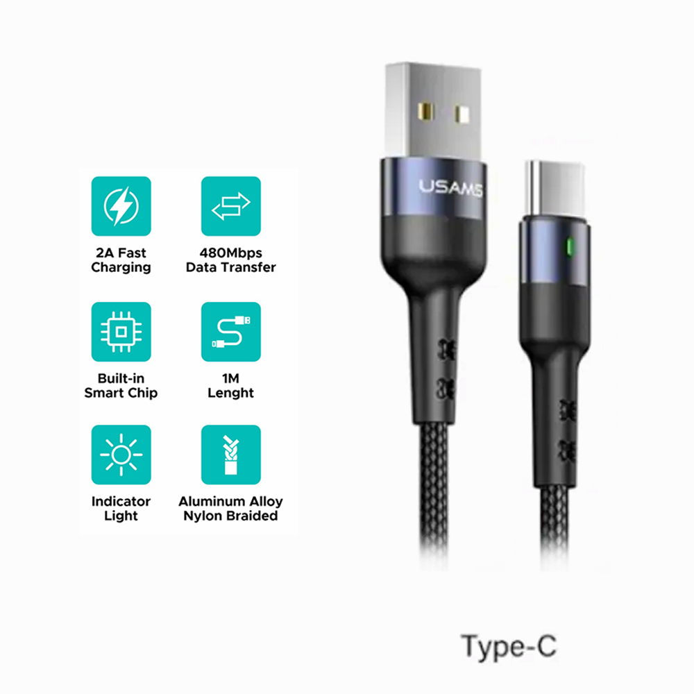 USAMS U26 CABLE TYP-C 1M 2A FAST CHARGING BLACK