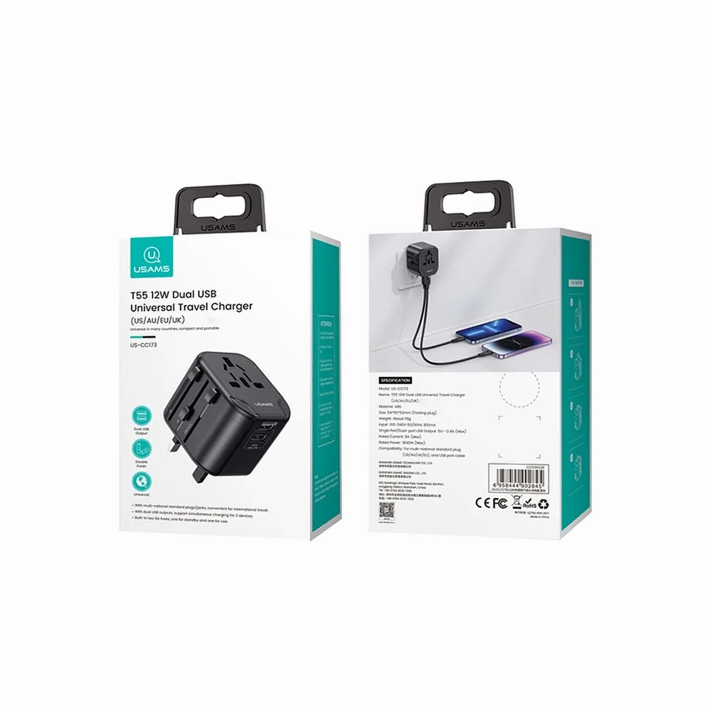 USAMS US-CC173 T55 12W Dual USB Universal Travel Charger US/AU/EU/UK Plug Converter