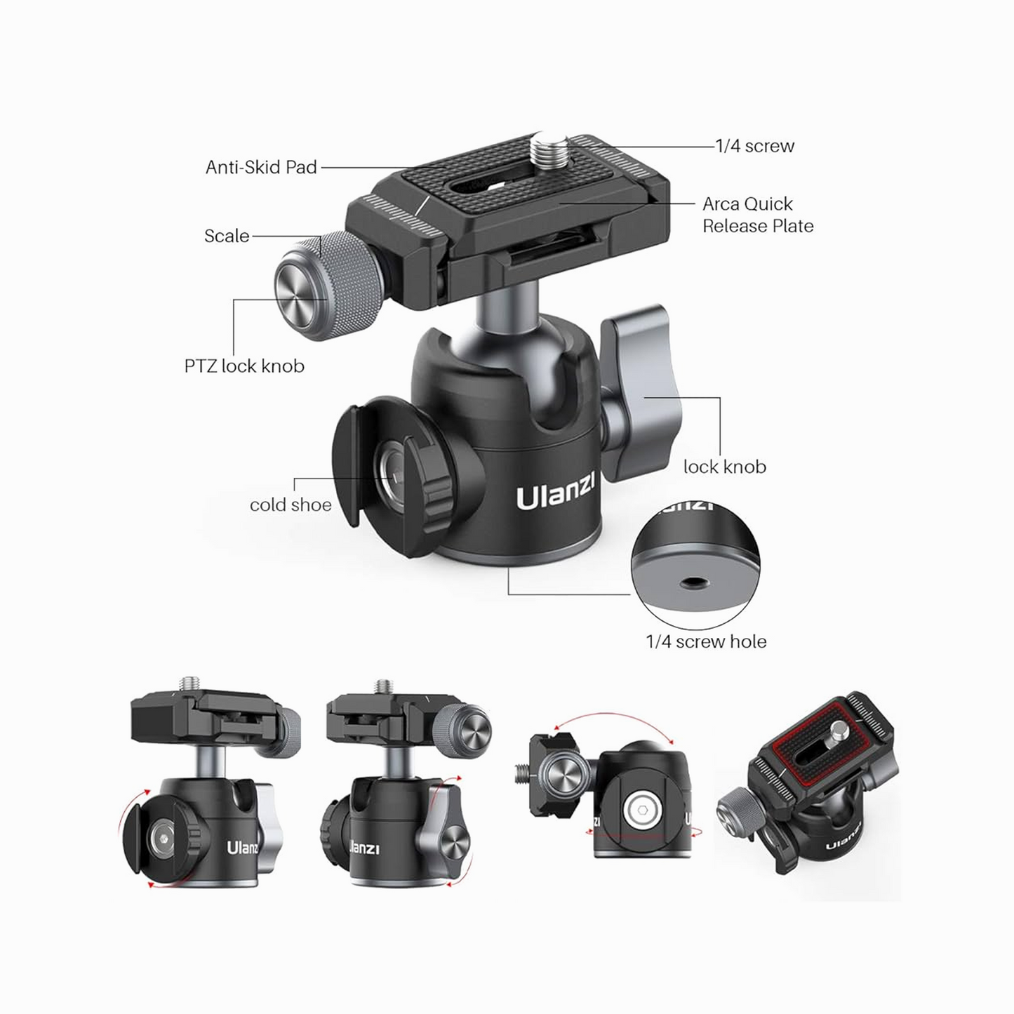 Ulanzi U-60L Side Cold Shoe Mount Ball Head with Arca-Type Quick Release