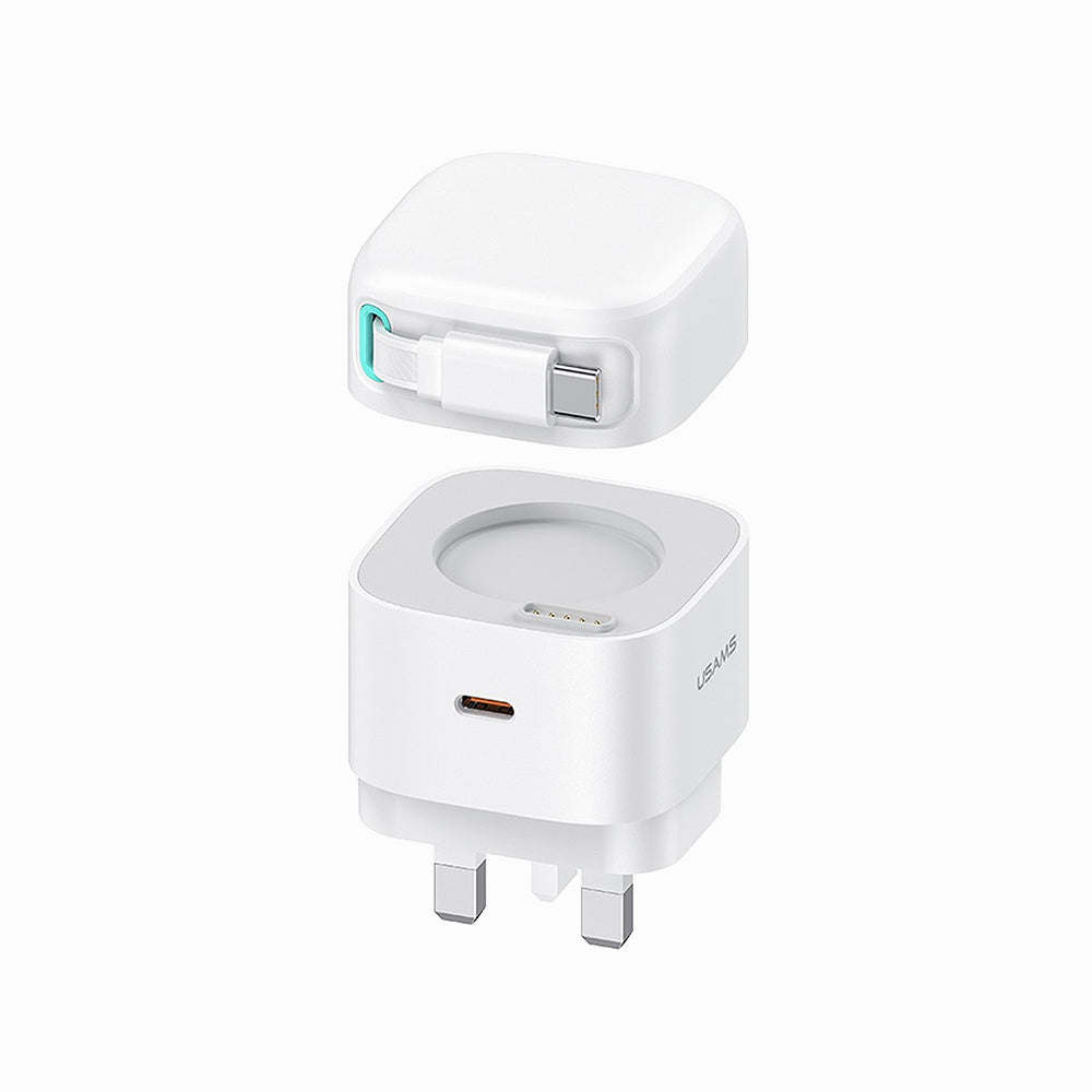 USAMS US-CC204 XMF Series PD 35W Dual Output GaN Fast Charger with Type-C Magnetic Retractable Cable Module, UK Plug - White