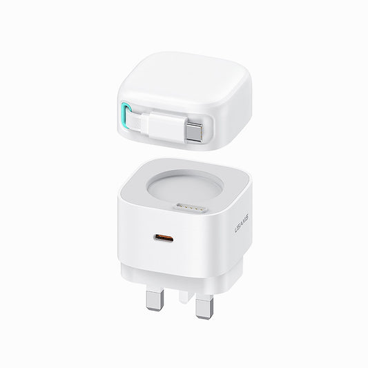 USAMS US-CC204 XMF Series PD 35W Dual Output GaN Fast Charger with Type-C Magnetic Retractable Cable Module, UK Plug - White