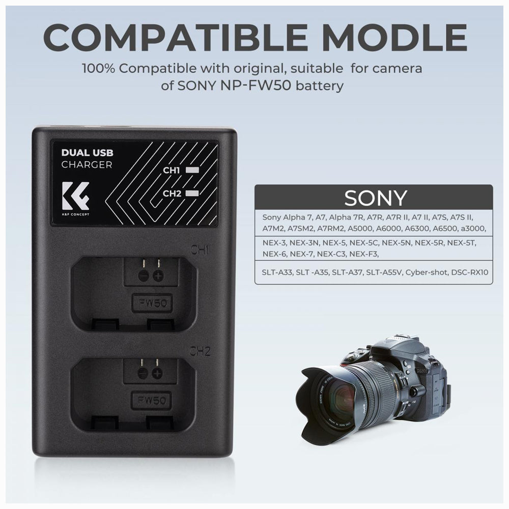 K&F Concept NP-FW50 Battery Charger, Dual Slot Quick Charger for Sony A6000, A6500, A6300, A6400, A7, A7II, A7RII, A7SII, A7S, A7S2, A7R, A7R2, A55, A5100, A5000 Camera-KF28.0009)