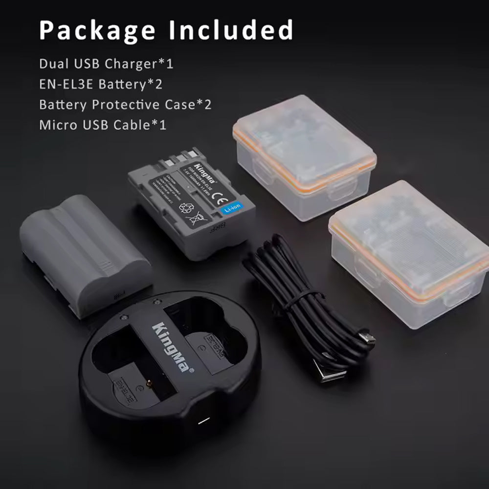 KingMa 2-Pack 1600mAh EN-EL3e Battery and Usb Dual Charger for Nikon