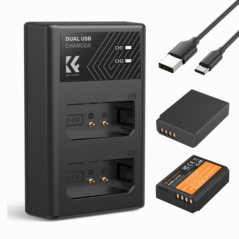 K&F Concept DB-110 2pcs (2-Pack) 1100mAh Battery + Dual Bay LCD Display Charger Set Kit with USB Type-C / Micro USB Port, Overall Charging Protection for Ricoh / Olympus Cameras (KF28.0051)