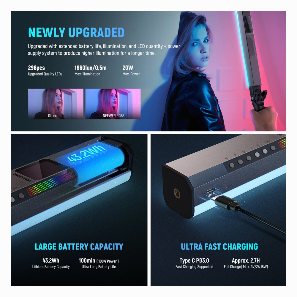 NEEWER RGB2 LED Tube Light Stick with Metal Barndoor