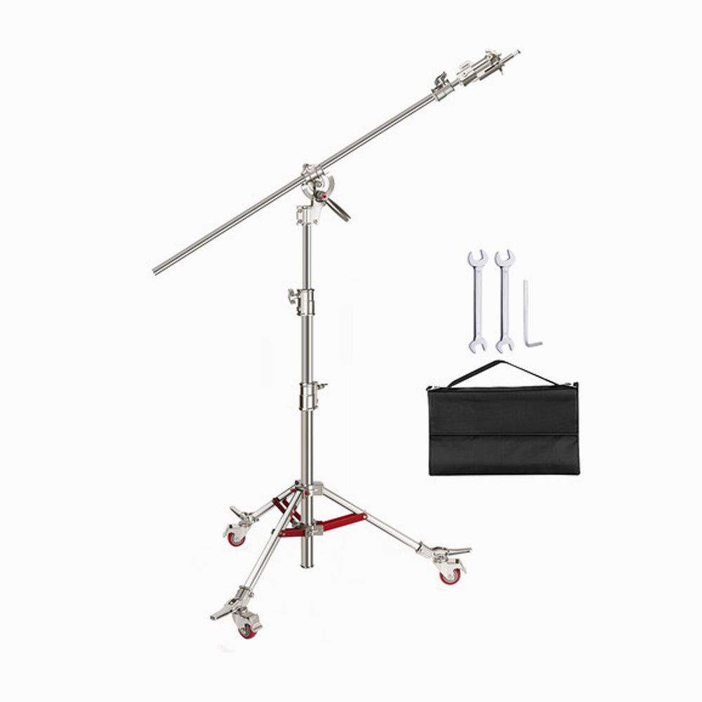 Neewer Pro Stainless Steel C Stand Light Stand with Pulleys, Max. Height 14.4ft/440cm with 7ft/218cm Cross-Bar and Empty Sandbag