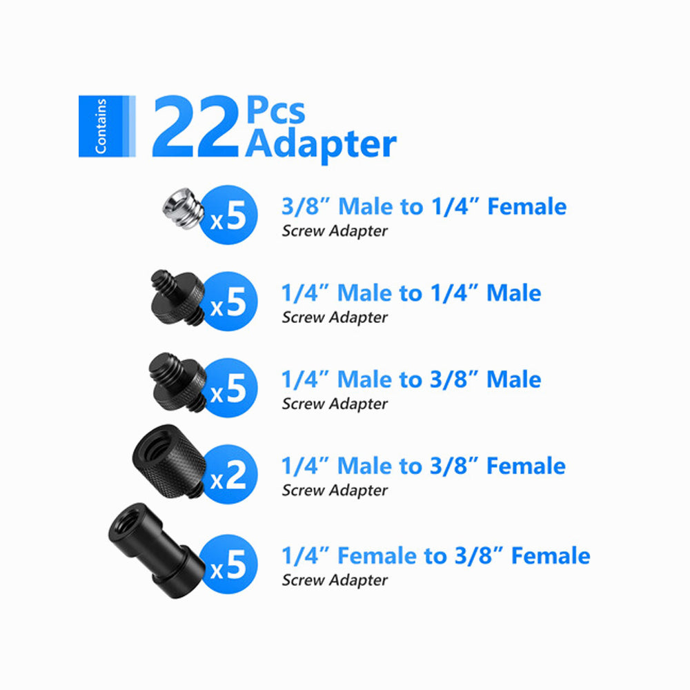 NEEWER Camera Screw Adapter, 22 Pieces 1/4inch to 1/4inch and 1/4inch to 3/8inch Tripod Mount Screw Adapter Converter Set for Camera Mount, Monopod, Ball Head, Flash Light Stand, Tripod - ST29