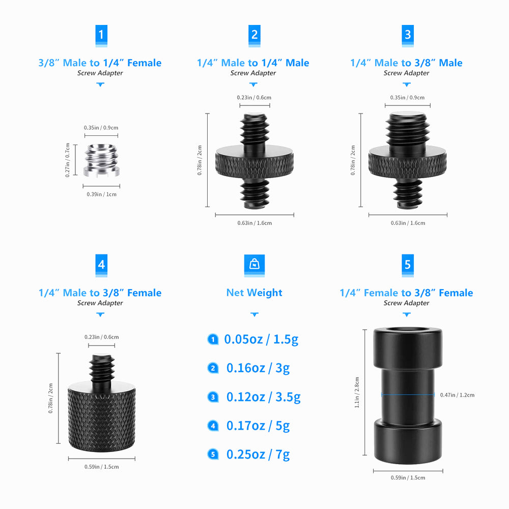 NEEWER Camera Screw Adapter, 22 Pieces 1/4inch to 1/4inch and 1/4inch to 3/8inch Tripod Mount Screw Adapter Converter Set for Camera Mount, Monopod, Ball Head, Flash Light Stand, Tripod - ST29