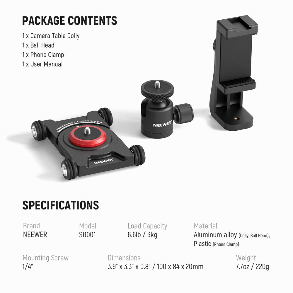 Neewer SD001 Tabletop Camera Dolly with Ball Head and Phone Clamp