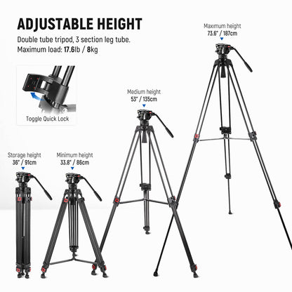 Neewer TP74 Video Aluminum Tripod with Fluid Head