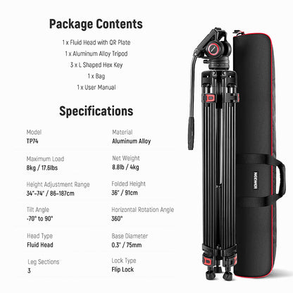 Neewer TP74 Video Aluminum Tripod with Fluid Head