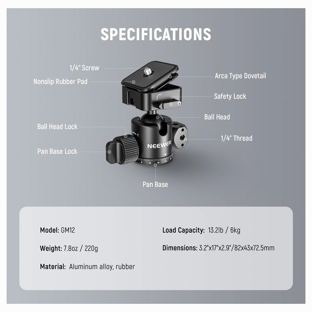 NEEWER GM12-MT Arca Type Tripod Ball Head