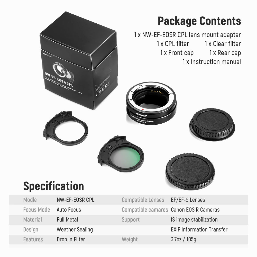 NEEWER EF to EOS R Mount Adapter with Drop in CPL Filter